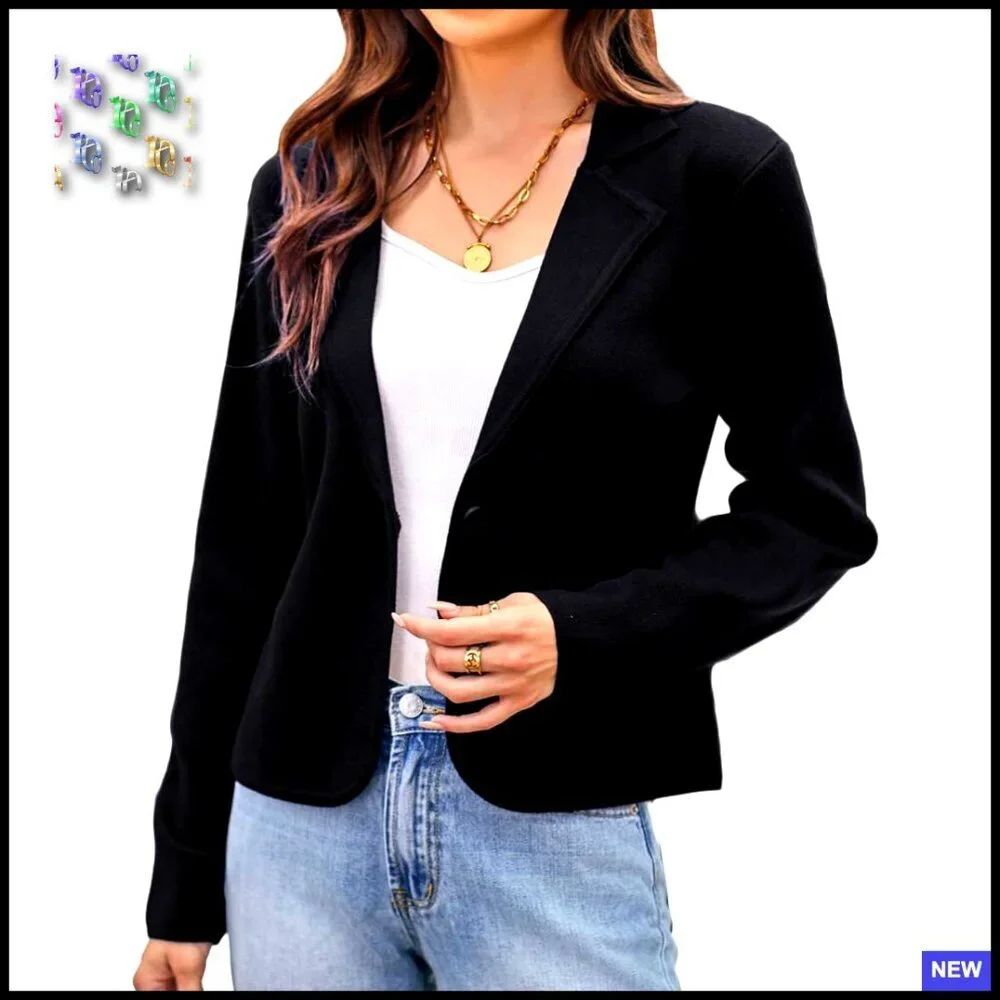 Cropped Knit Blazer Lightweight Button Front Casual Work Chic Sweater Jacket - Picture 1 of 7